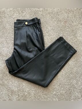 LOFT Black Faux Leather Pants with Gold Button
